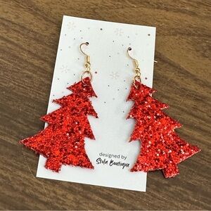 Red Glitter Christmas Tree Dangle Holiday Earrings